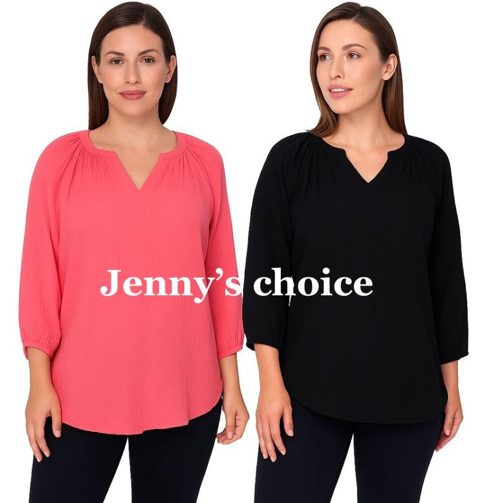 Nicole Miller Ladies' 100 % Cotton Gauze Top, 3/4 Raglan Sleeve, Black, Coral: